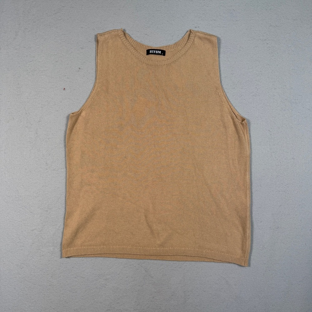 BTFBM Women Knit Sweater Vest Size S Tan Sleeveless Crew Neck Ribbed Hem